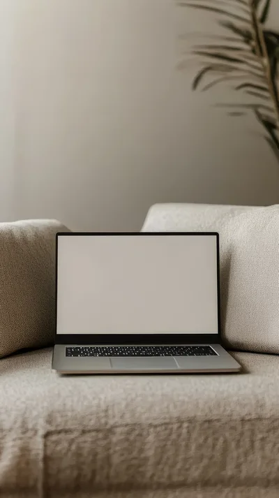 Laptop With Blank Screen On A Cozy Sofa