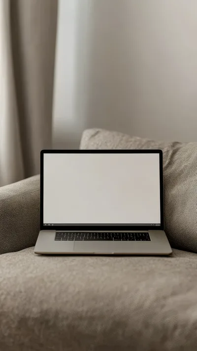 Laptop With Blank Screen On A Comfortable Sofa