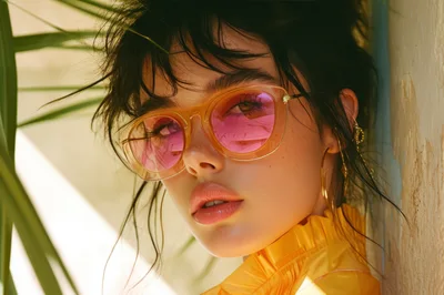Portrait Of A Young Woman Wearing Pink Tinted Sunglasses