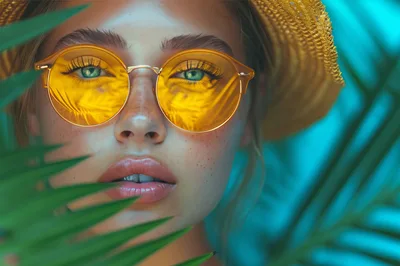 Portrait of a Woman Wearing Yellow Sunglasses and Straw Hat