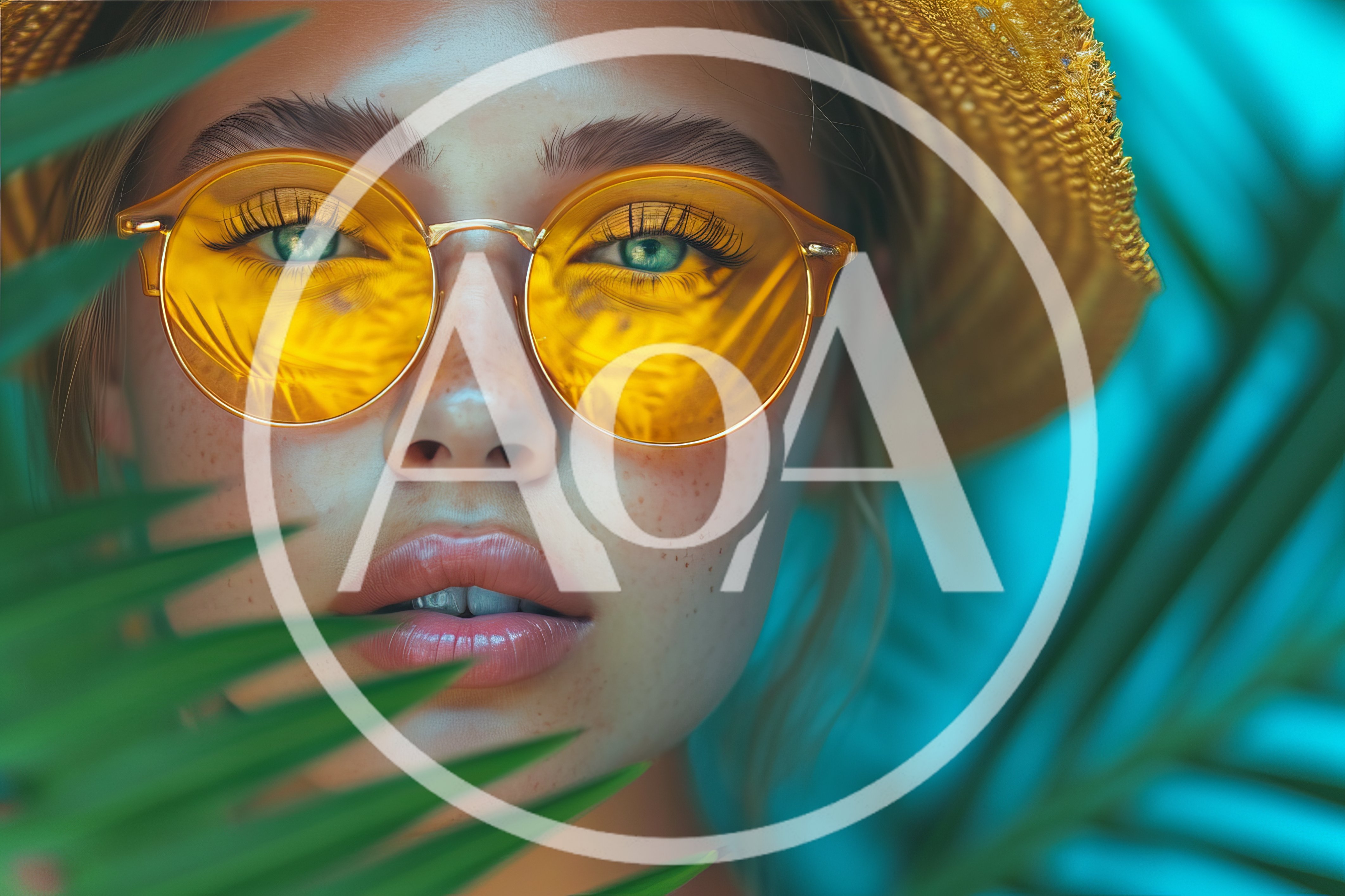Portrait of a Woman Wearing Yellow Sunglasses and Straw Hat