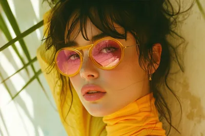Portrait Of A Young Woman Wearing Pink Tinted Sunglasses