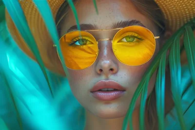 Portrait Of A Woman Wearing Yellow Sunglasses And Straw Hat