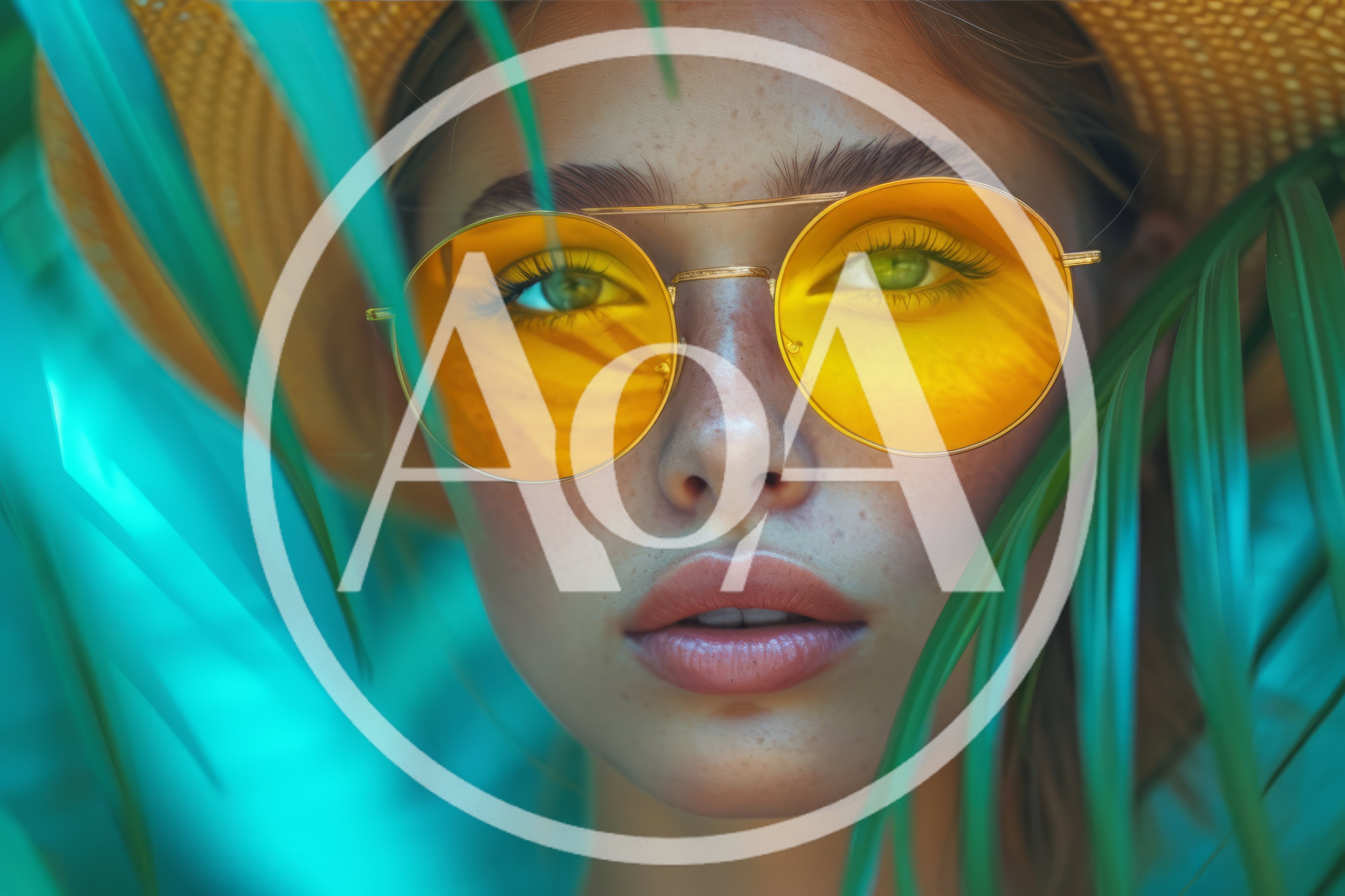 Portrait Of A Woman Wearing Yellow Sunglasses And Straw Hat