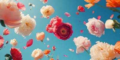 Floating Peonies And Petals Against Blue Sky
