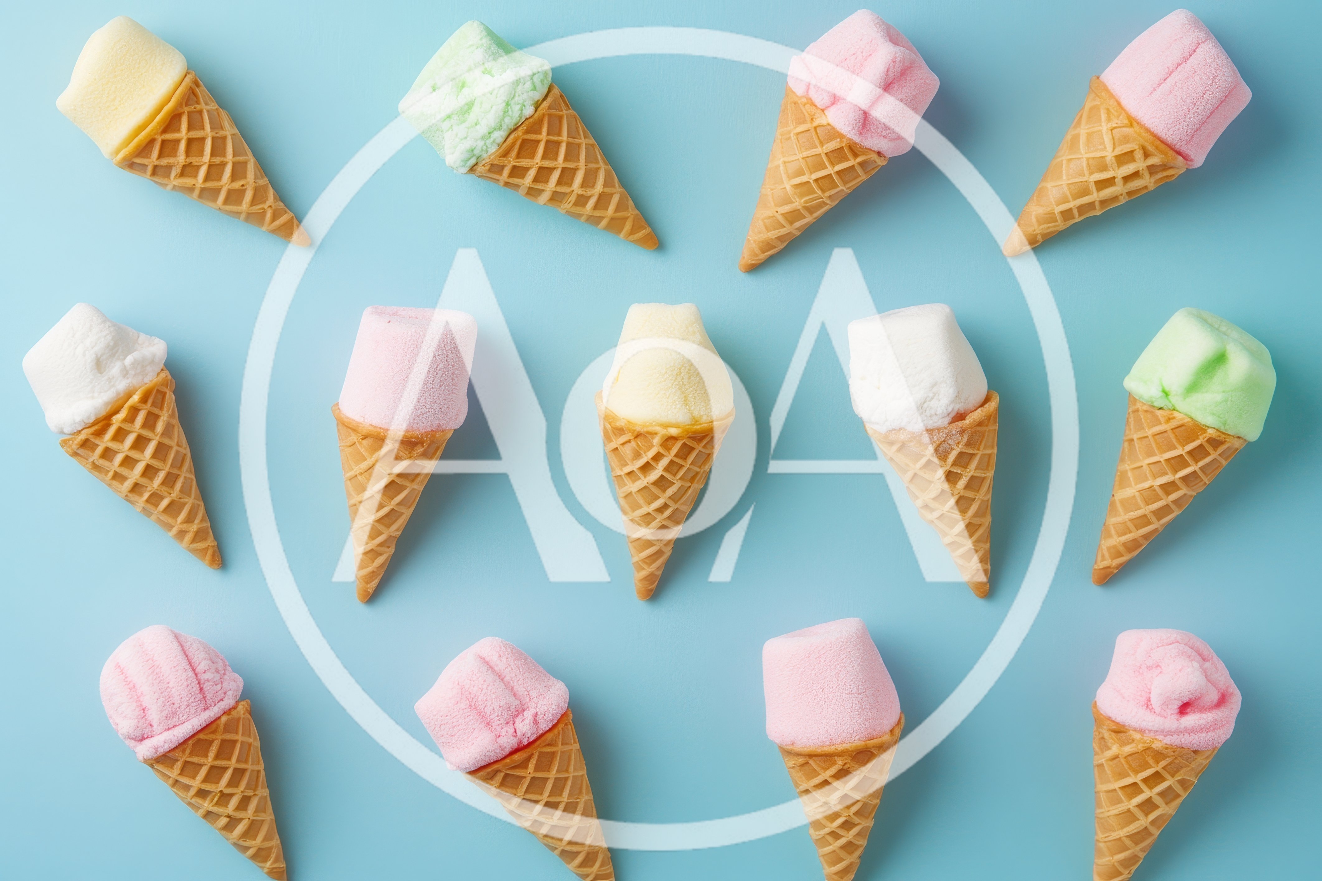 Marshmallow Ice Cream Cones Pattern on Blue Background