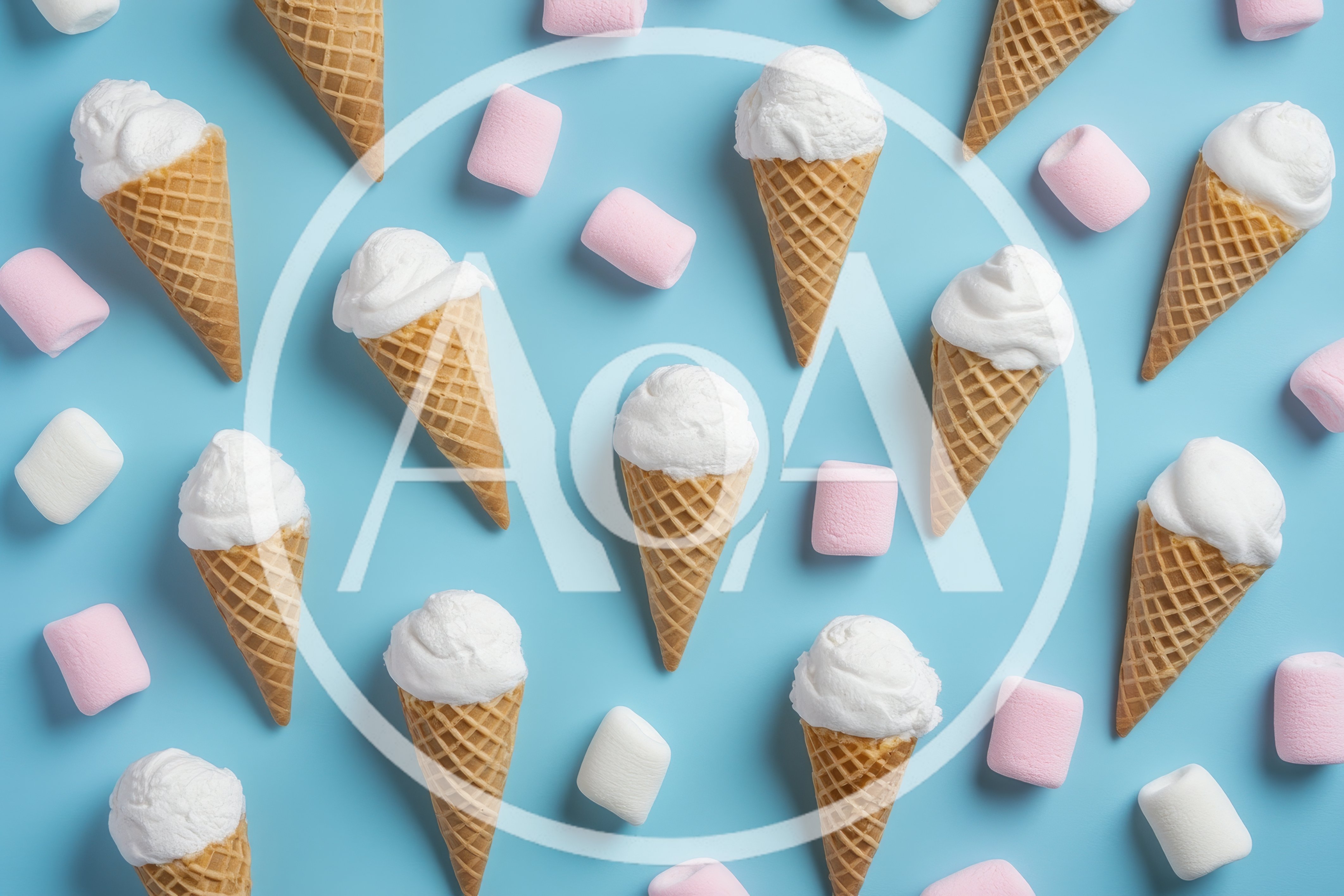 Ice Cream Cones and Marshmallows Pattern on Blue Background