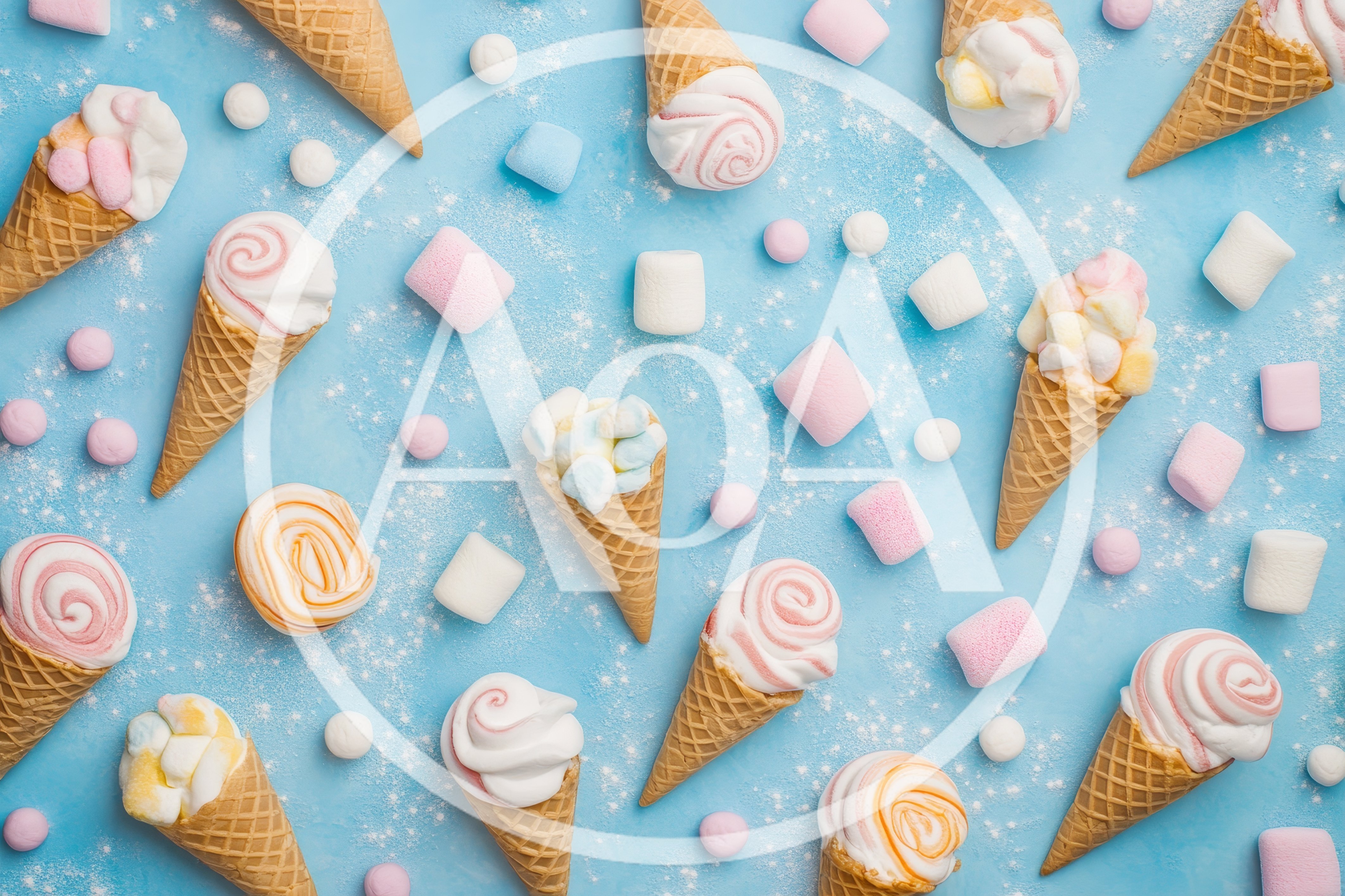 Ice Cream Cones With Marshmallows On Blue Background