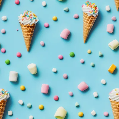 Ice Cream Cones and Candy Pattern on Blue Background