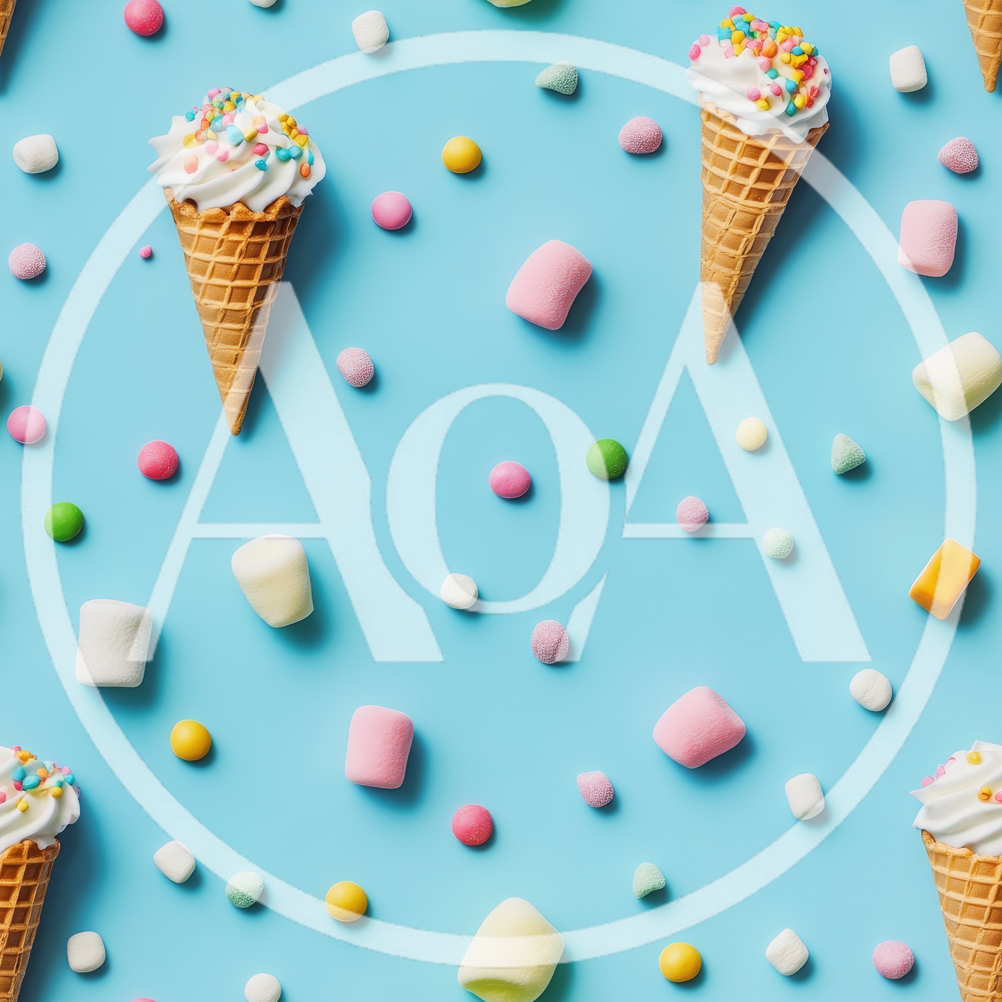 Ice Cream Cones and Candy Pattern on Blue Background