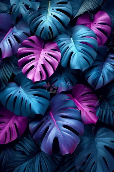 Vibrant Neon Monstera Leaves Tropical Pattern