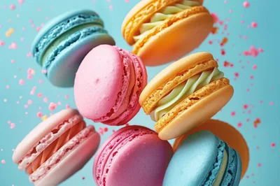 Colorful Macarons Floating Against A Light Blue Background