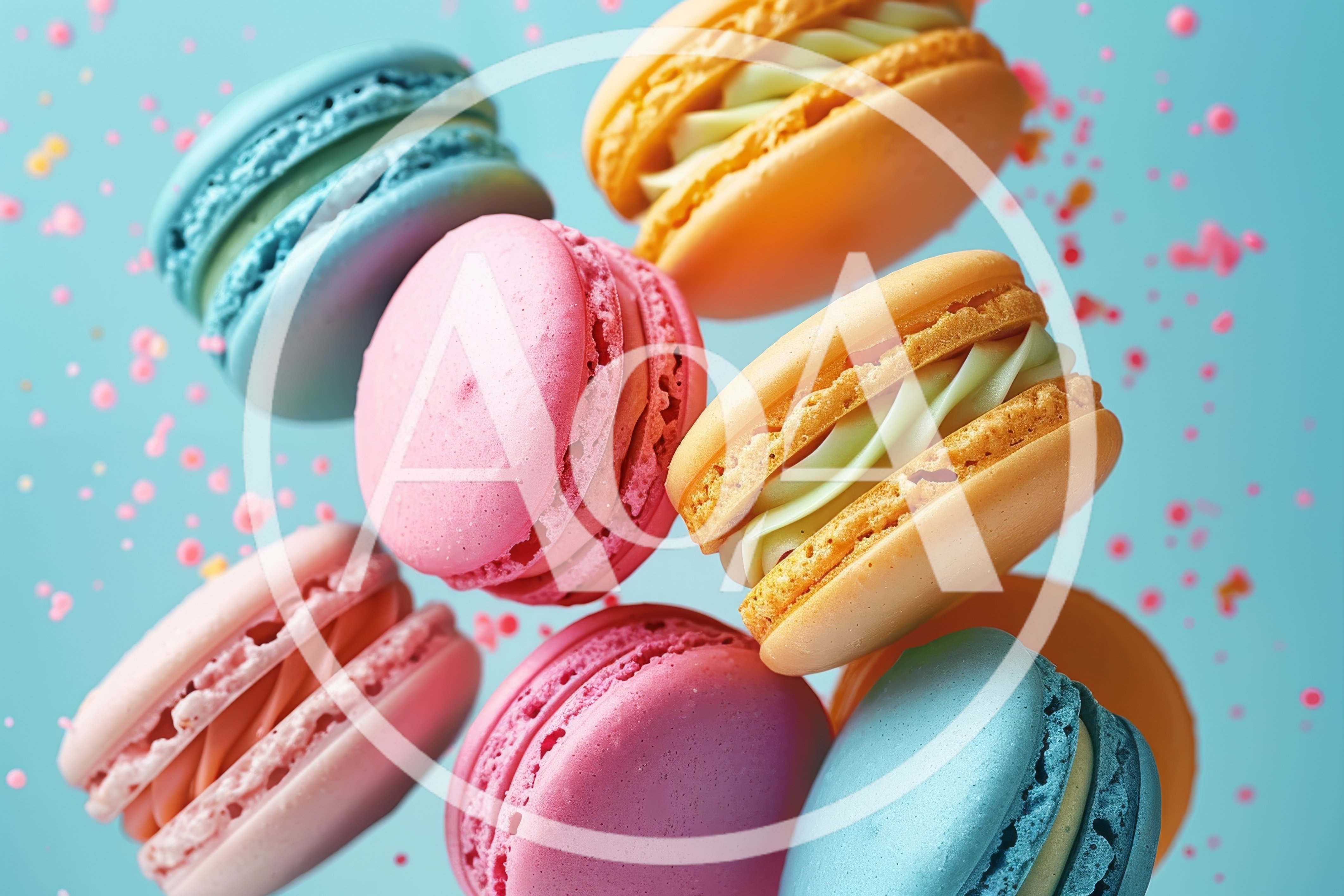 Colorful Macarons Floating Against A Light Blue Background