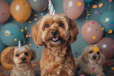 Three Cute Dogs Celebrating With Balloons And Confetti