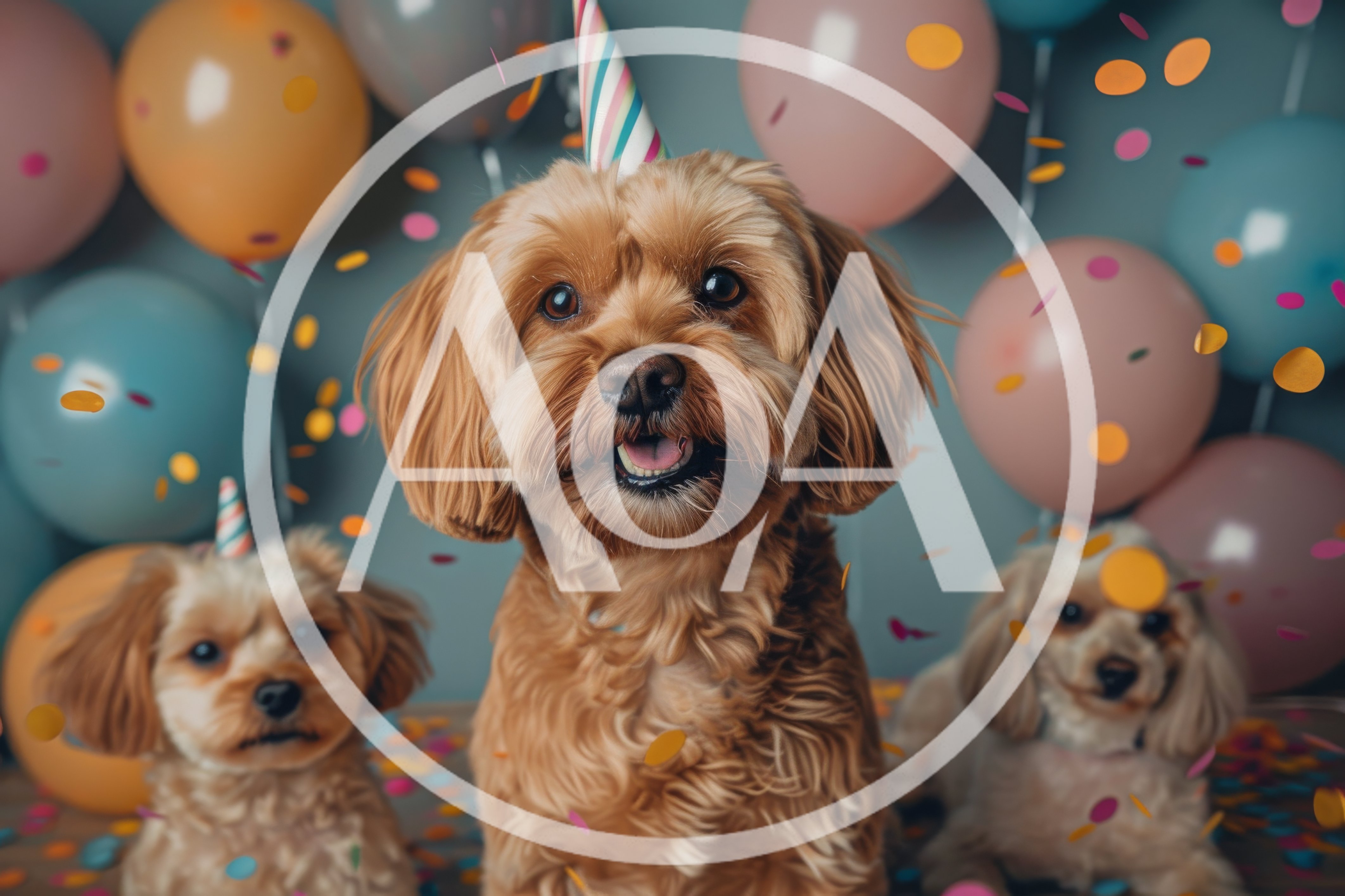 Three Cute Dogs Celebrating With Balloons And Confetti