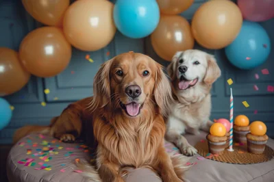 Two Golden Retrievers Celebrating With Balloons And Cupcakes