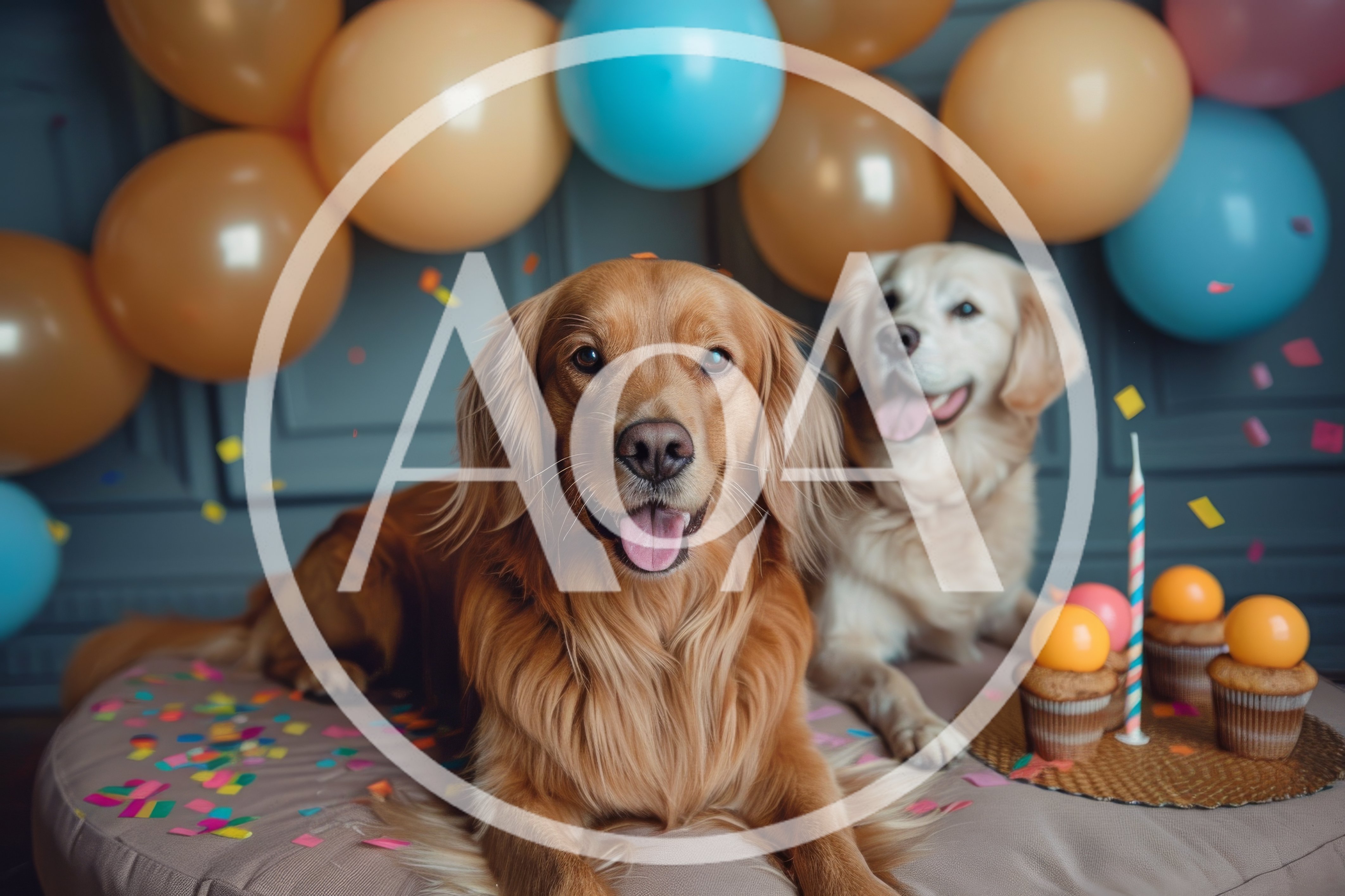 Two Golden Retrievers Celebrating With Balloons And Cupcakes