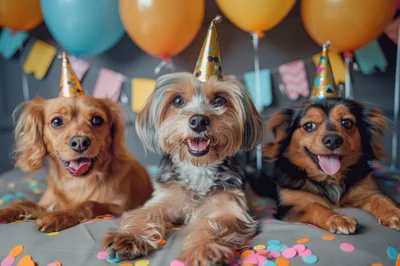 Three Dogs Wearing Party Hats Celebrating A Birthday