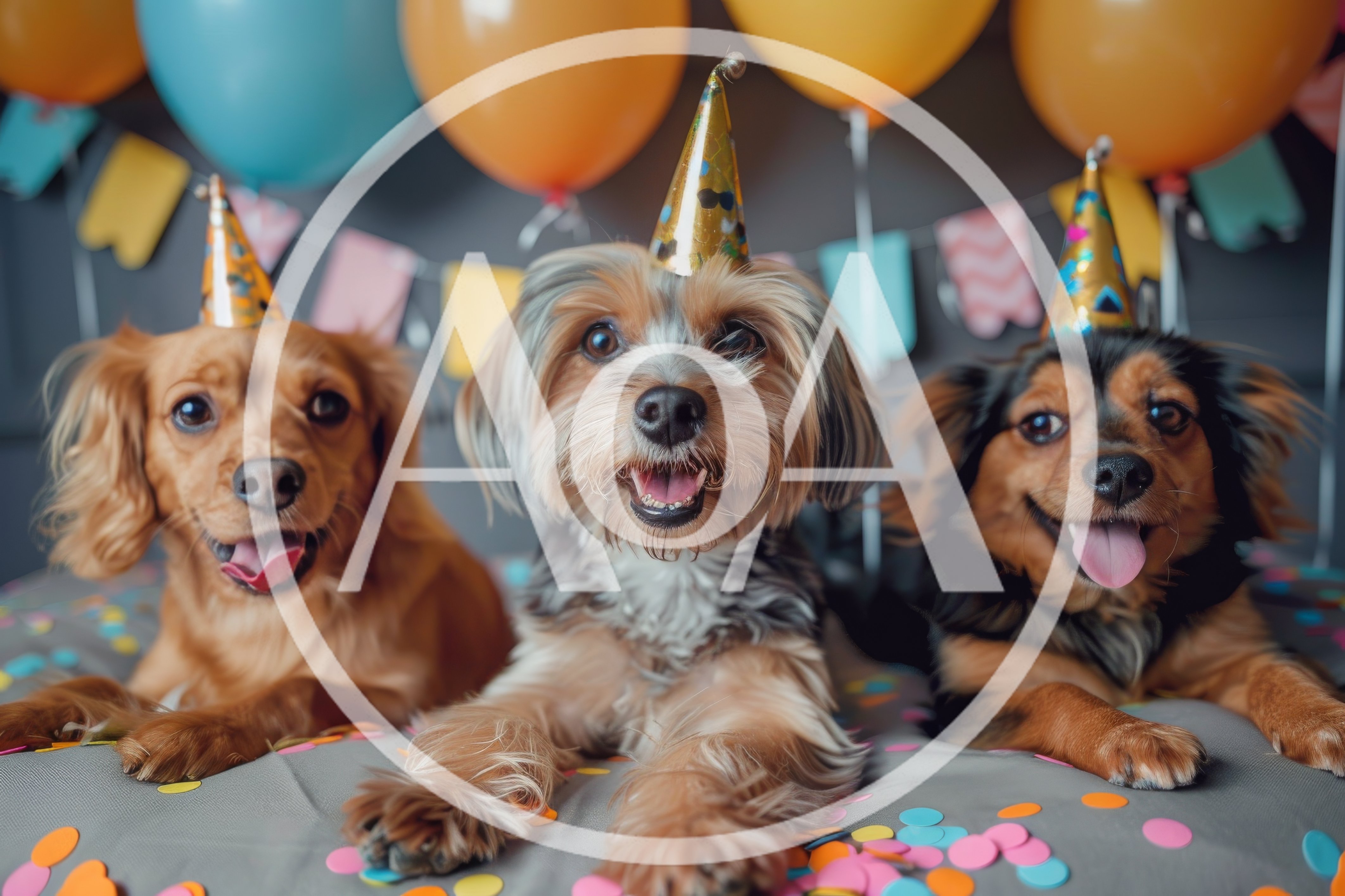 Three Dogs Wearing Party Hats Celebrating A Birthday