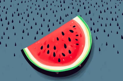 Watermelon Slice Floating Against A Raindrop Background