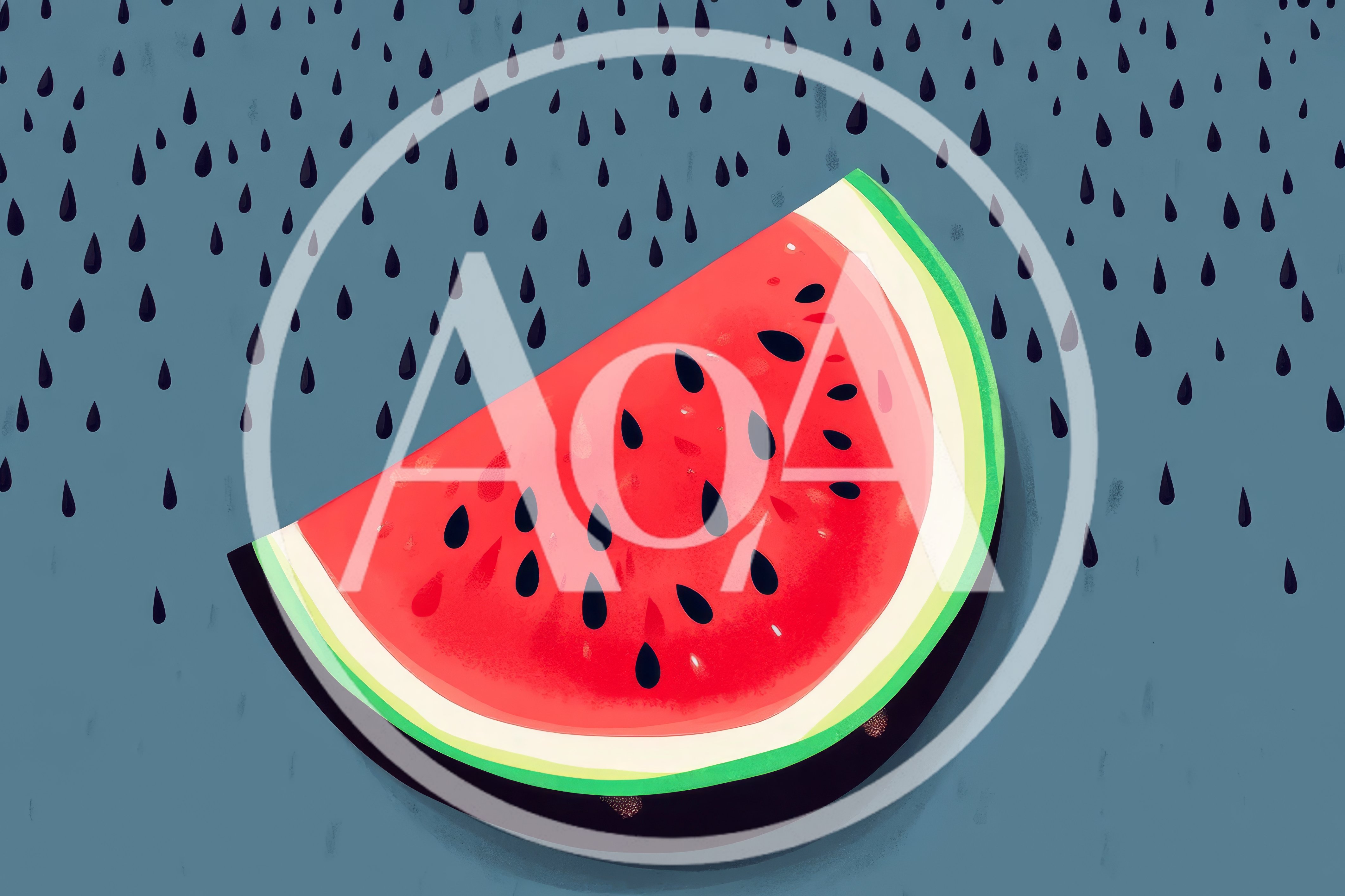 Watermelon Slice Floating Against A Raindrop Background