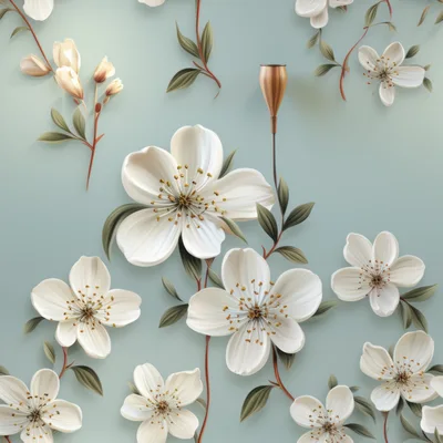 Seamless Pattern Of White Cherry Blossom Flowers