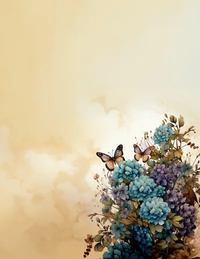 Blue Floral Bouquet With Butterflies On Beige Background