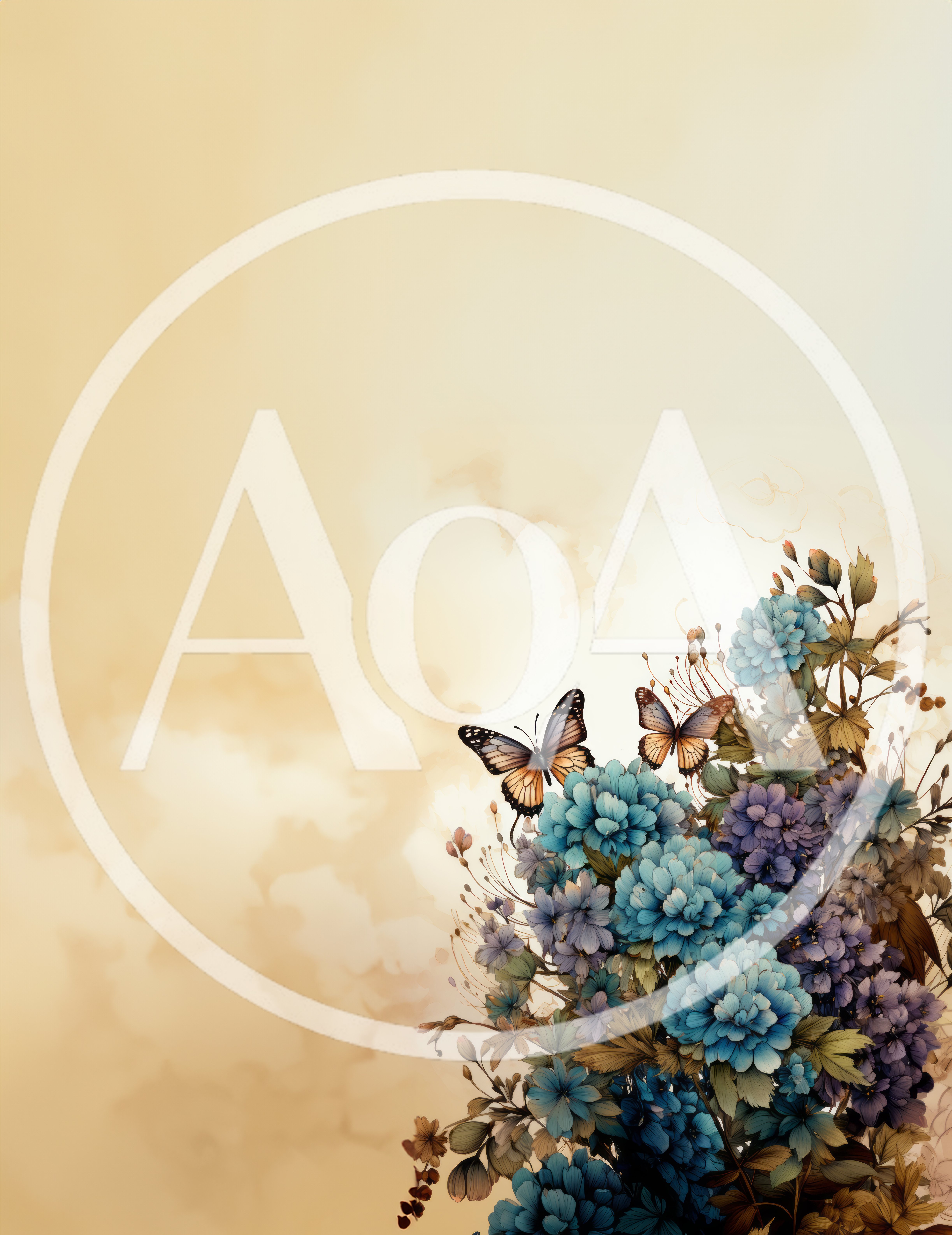 Blue Floral Bouquet With Butterflies On Beige Background