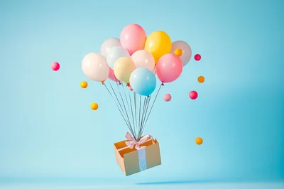 Gift Box Floating With Colorful Balloons