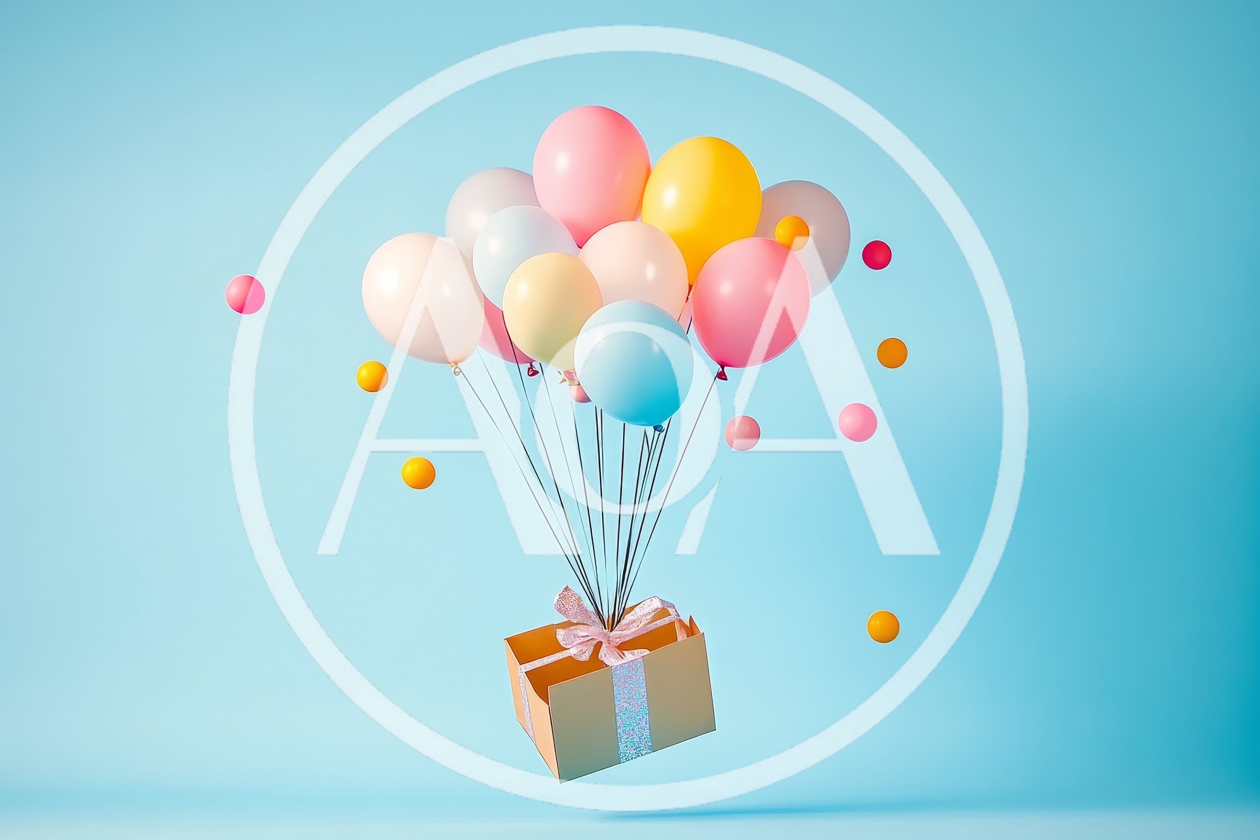 Gift Box Floating With Colorful Balloons