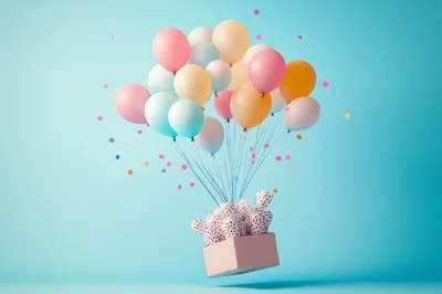 Gift Box Floating With Colorful Balloons