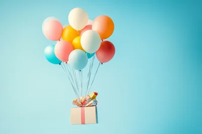 Gift Box Floating With Colorful Balloons