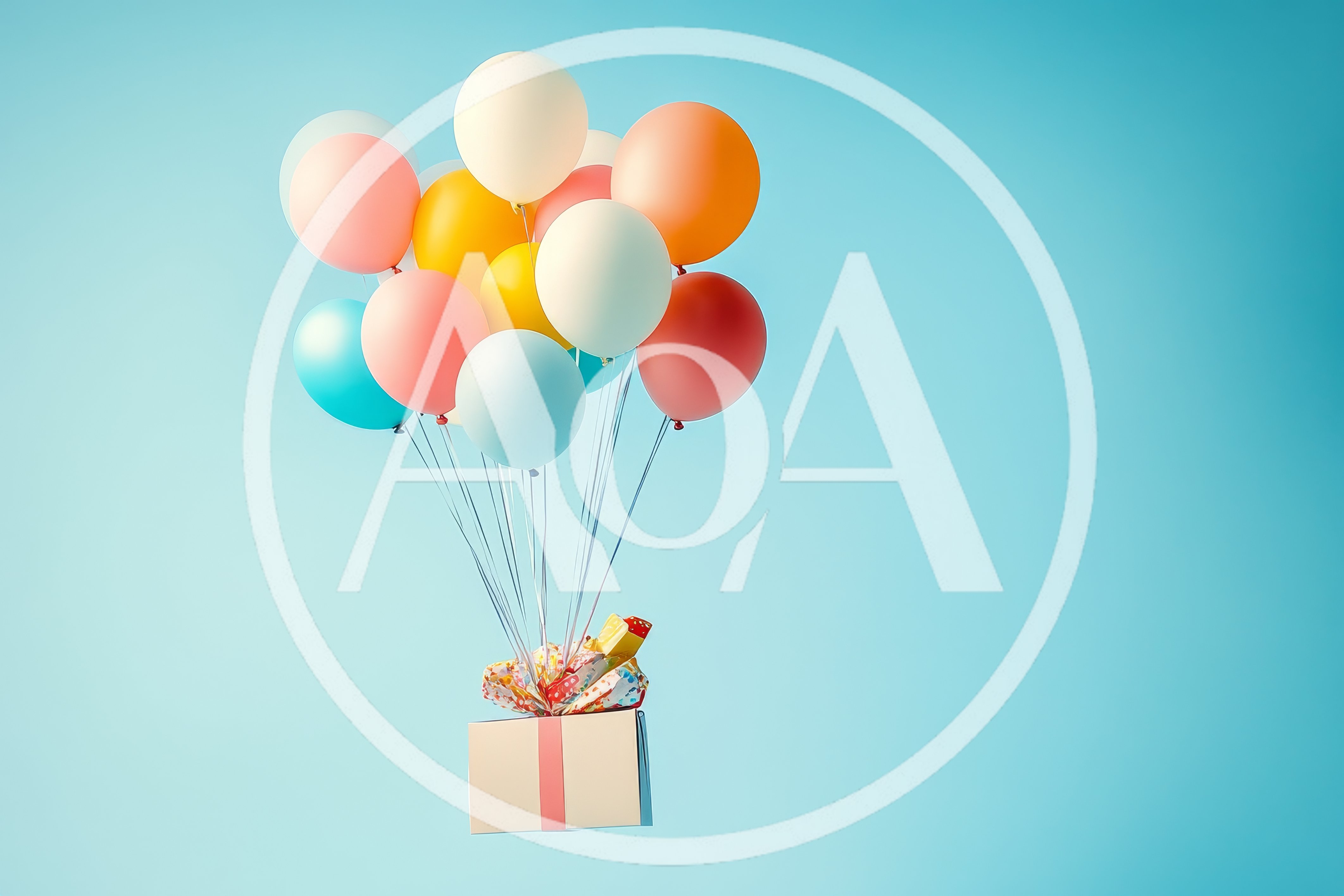 Gift Box Floating With Colorful Balloons