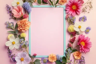 Floral Frame With Pastel Flowers On Pink Background