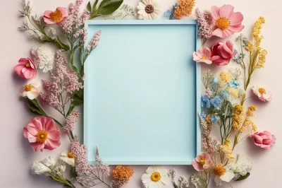 Light Blue Picture Frame Surrounded By Spring Flowers