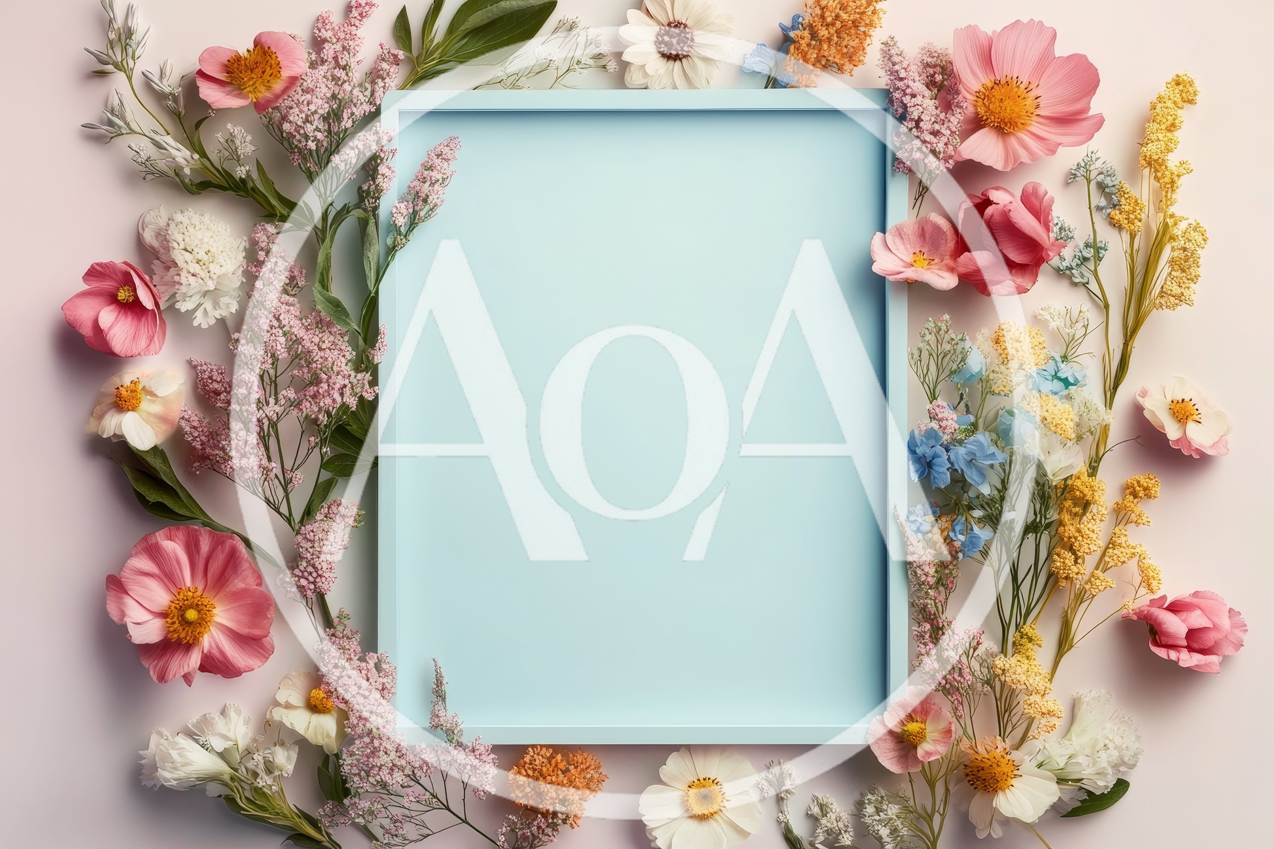 Light Blue Picture Frame Surrounded By Spring Flowers