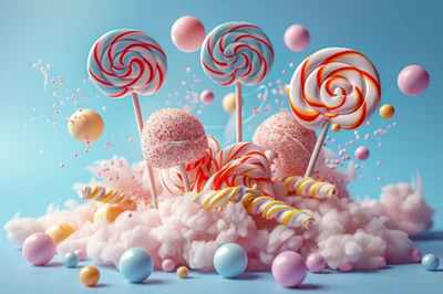 Colorful Lollipops and Candy Floating in Pink Clouds