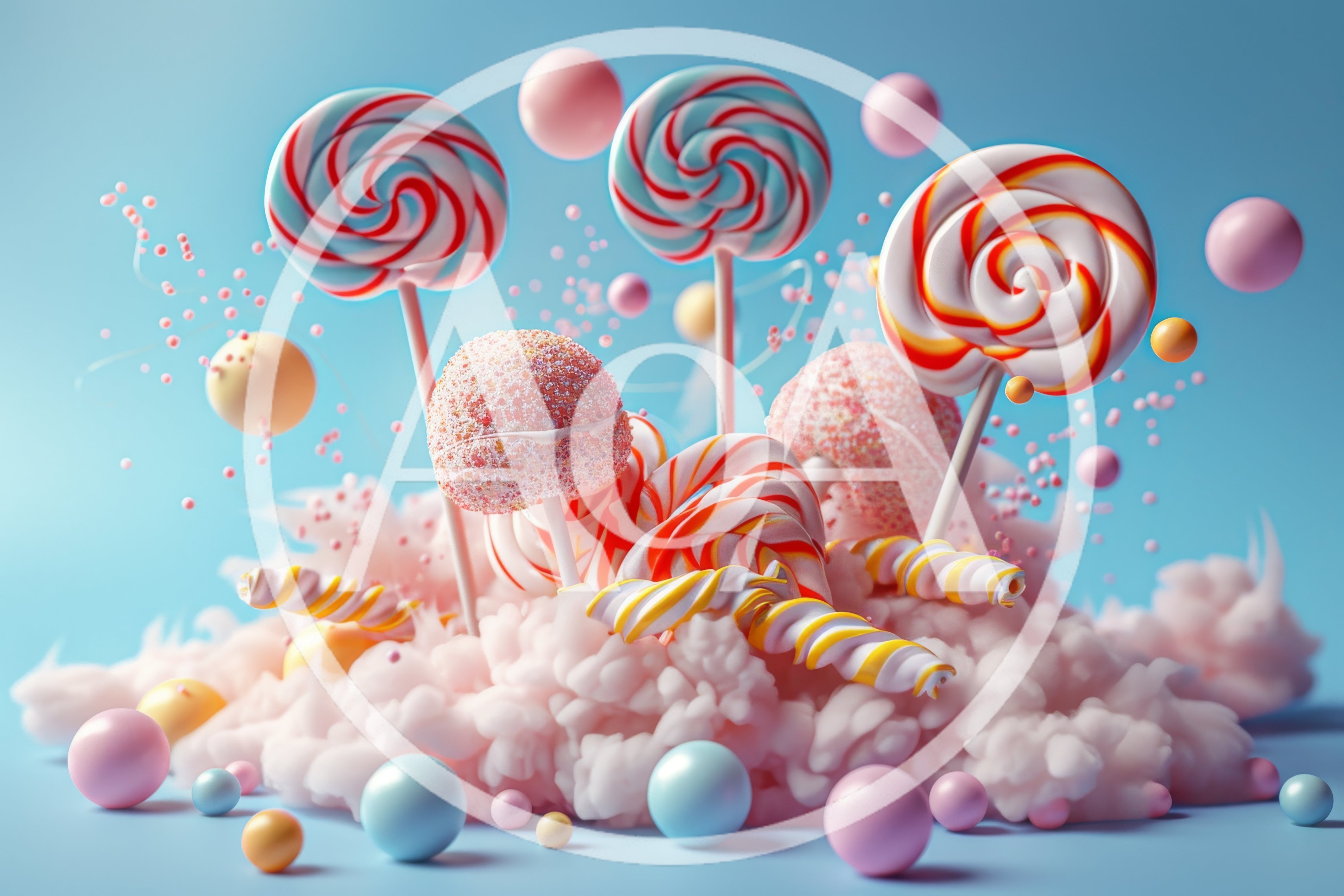 Colorful Lollipops and Candy Floating in Pink Clouds