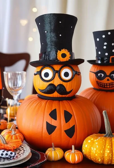 Halloween Pumpkin Decor With Top Hats And Glasses