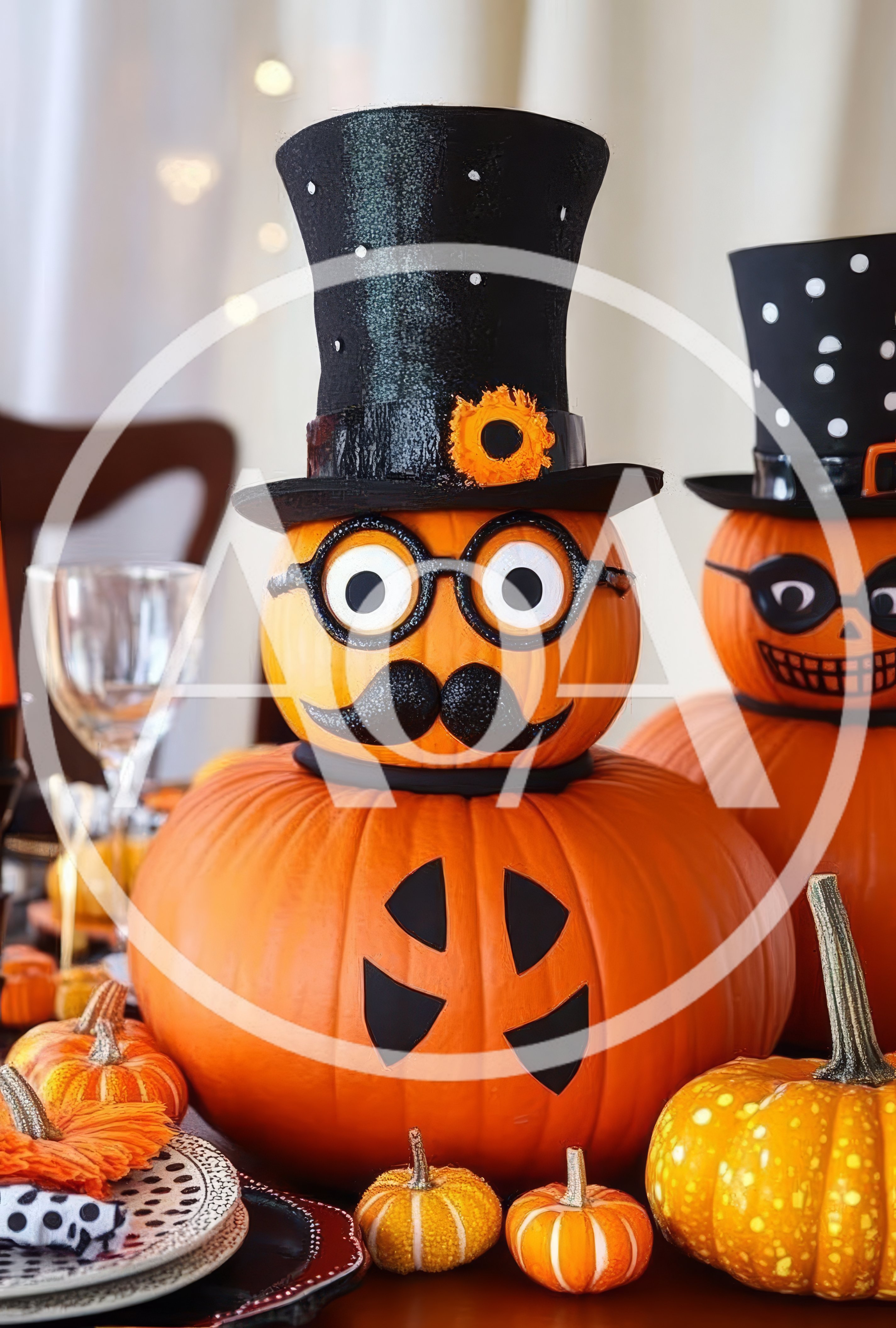 Halloween Pumpkin Decor With Top Hats And Glasses
