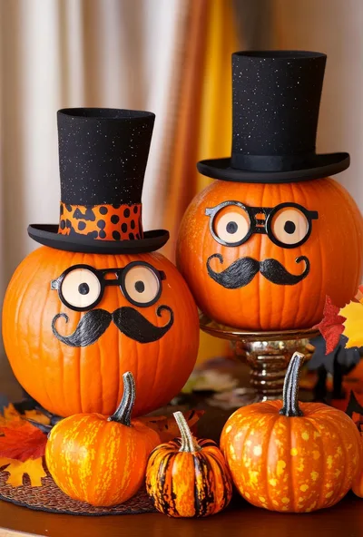Two Decorated Pumpkins With Top Hats And Mustaches