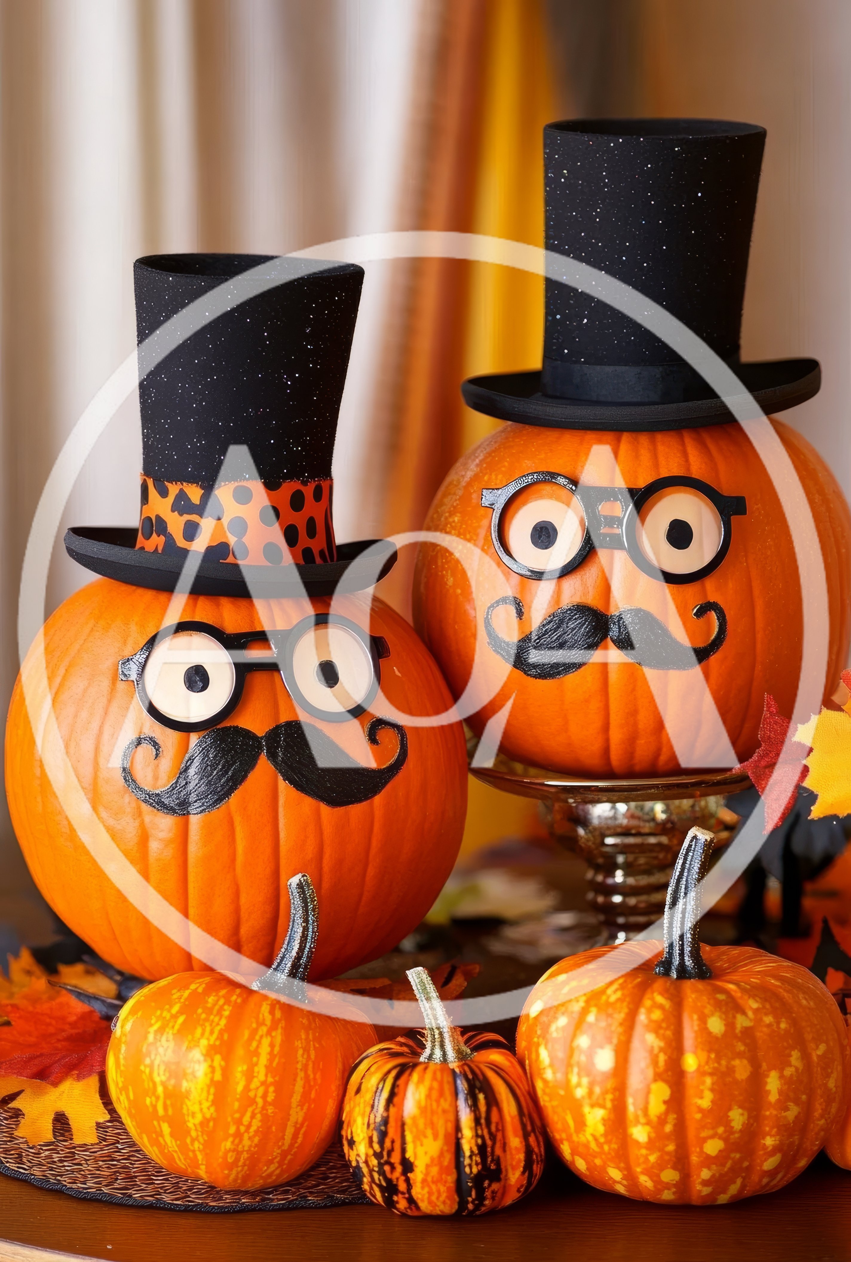 Two Decorated Pumpkins With Top Hats And Mustaches