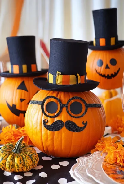 Halloween Pumpkin Decorations With Top Hats And Mustache