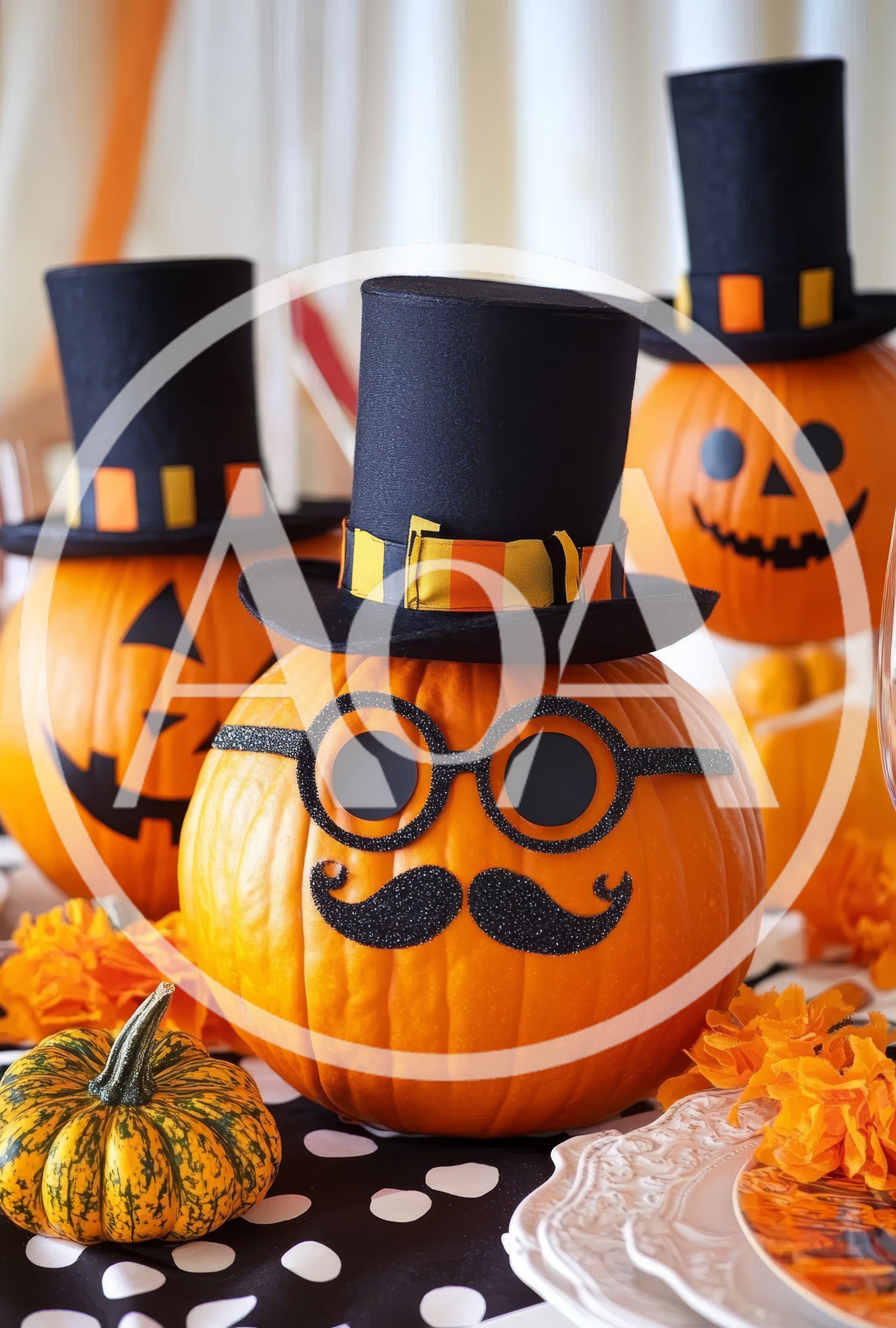 Halloween Pumpkin Decorations With Top Hats And Mustache