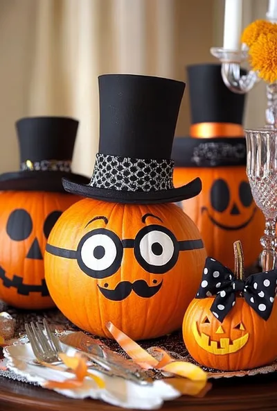 Halloween Pumpkin Decorations With Top Hats And Glasses