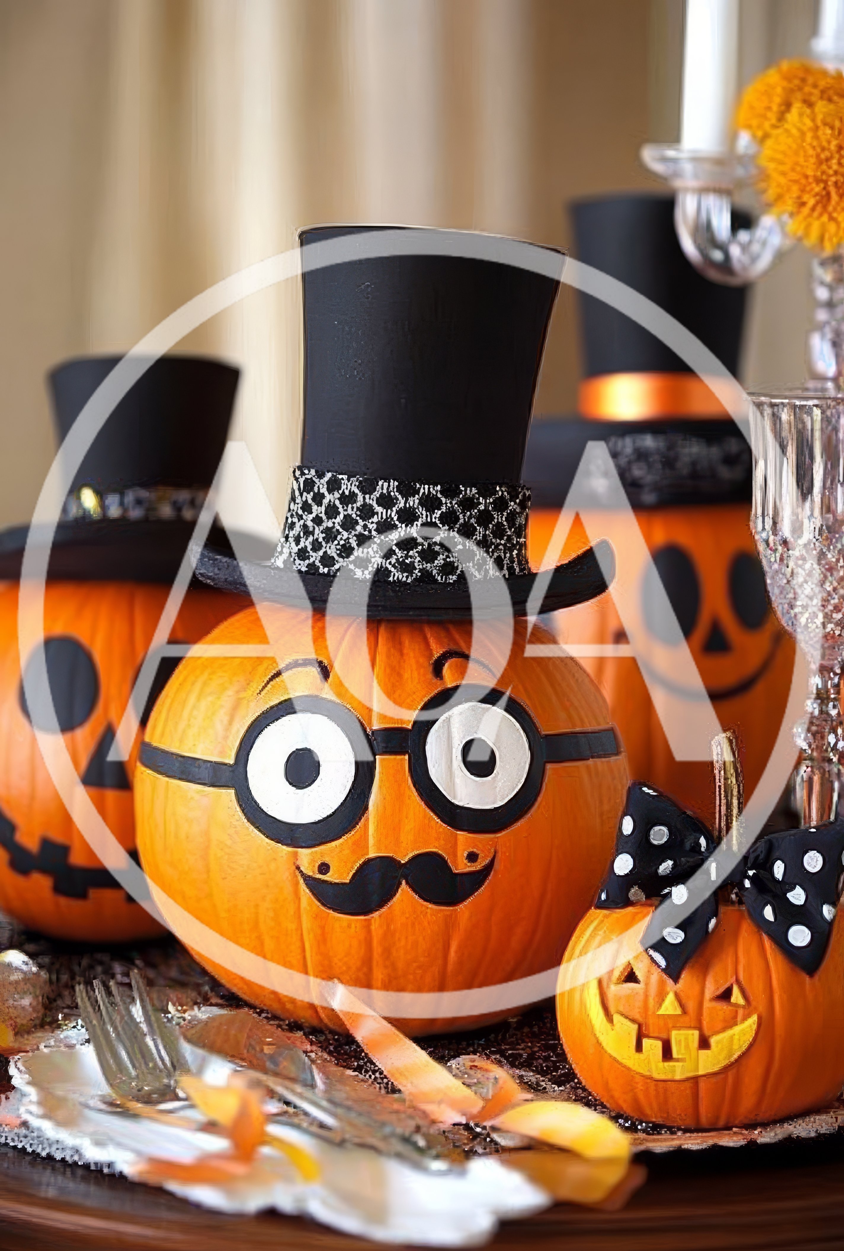Halloween Pumpkin Decorations With Top Hats And Glasses