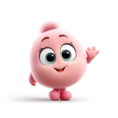 Cute Pink Fluffy Cartoon Character Waving Hello