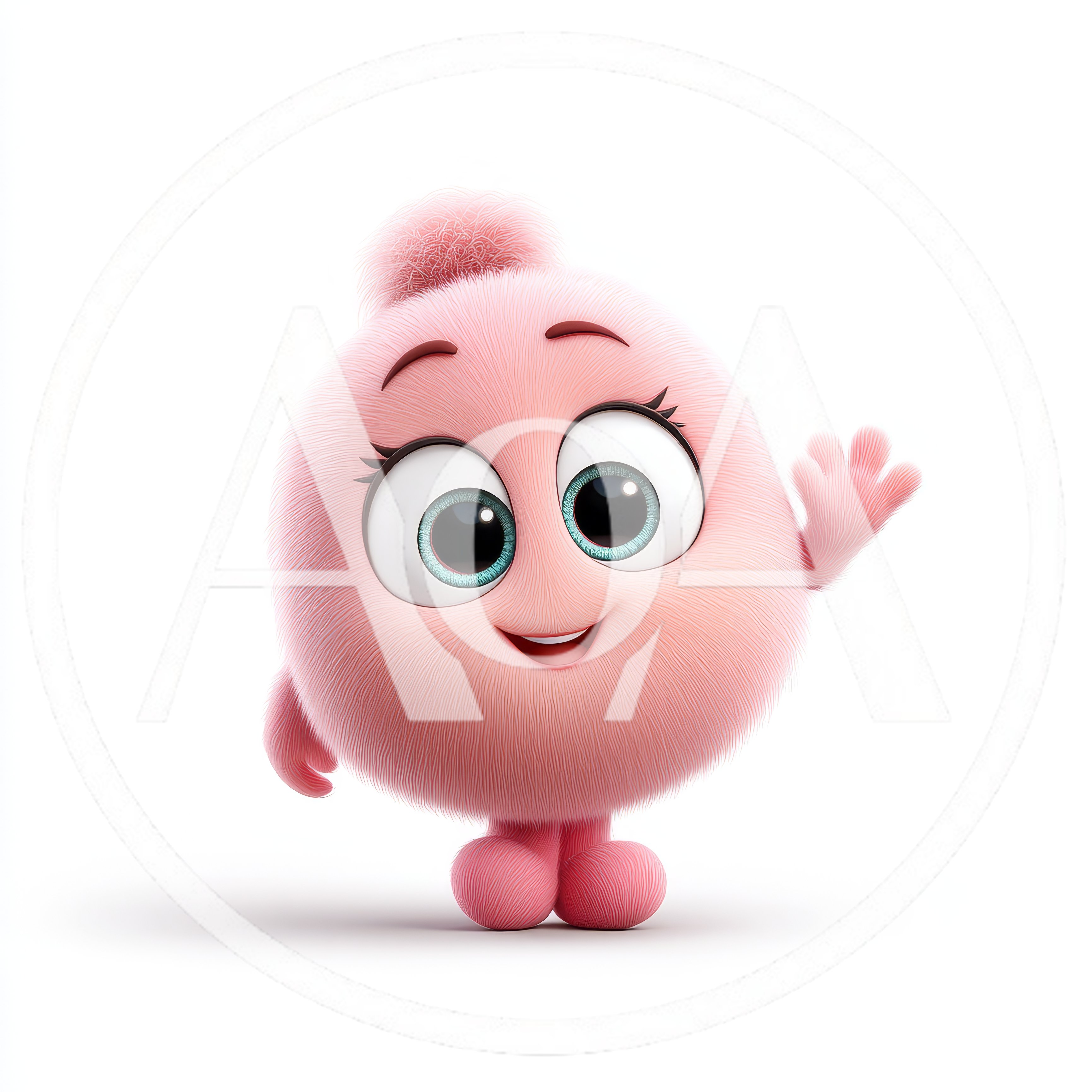 Cute Pink Fluffy Cartoon Character Waving Hello