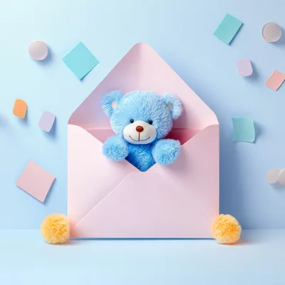 Blue Teddy Bear Inside A Pink Envelope