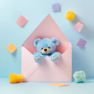 Blue Teddy Bear Inside A Pink Envelope